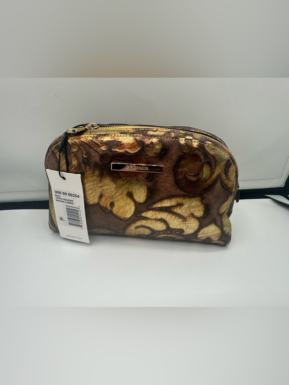 Brahmin Dany Gold and Brown Floral Embossed Leather Pouch